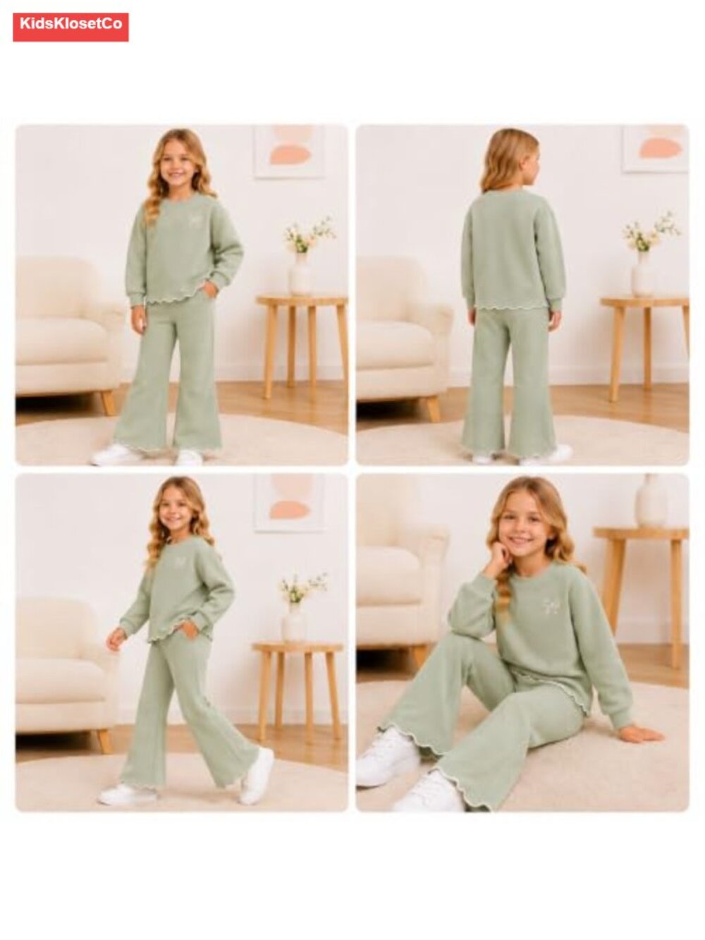 Girls 2-Piece Outfit Set Sweatshirt Top Flare Pants Cotton Blend - Picture 3 of 6